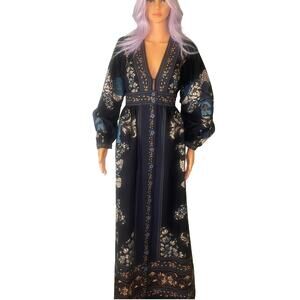 Farm Rio Black Blue Floral Maxi Dress Deep V Button Front Long Sleeve S